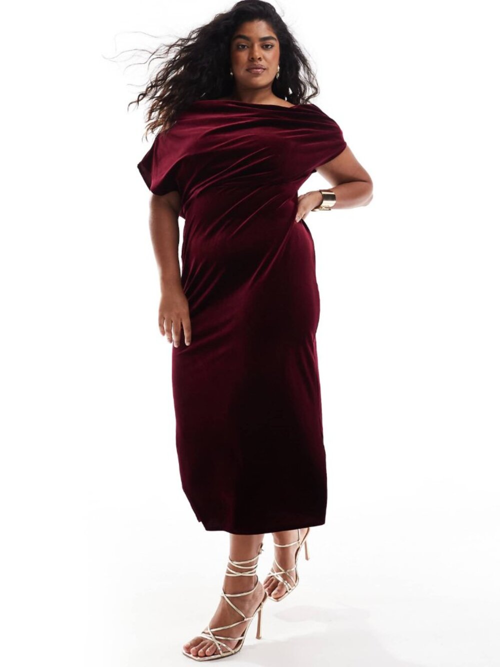 ASOS Design Curve 14 Burgundy Velvet Dramatic Drape Neck Midi Dress